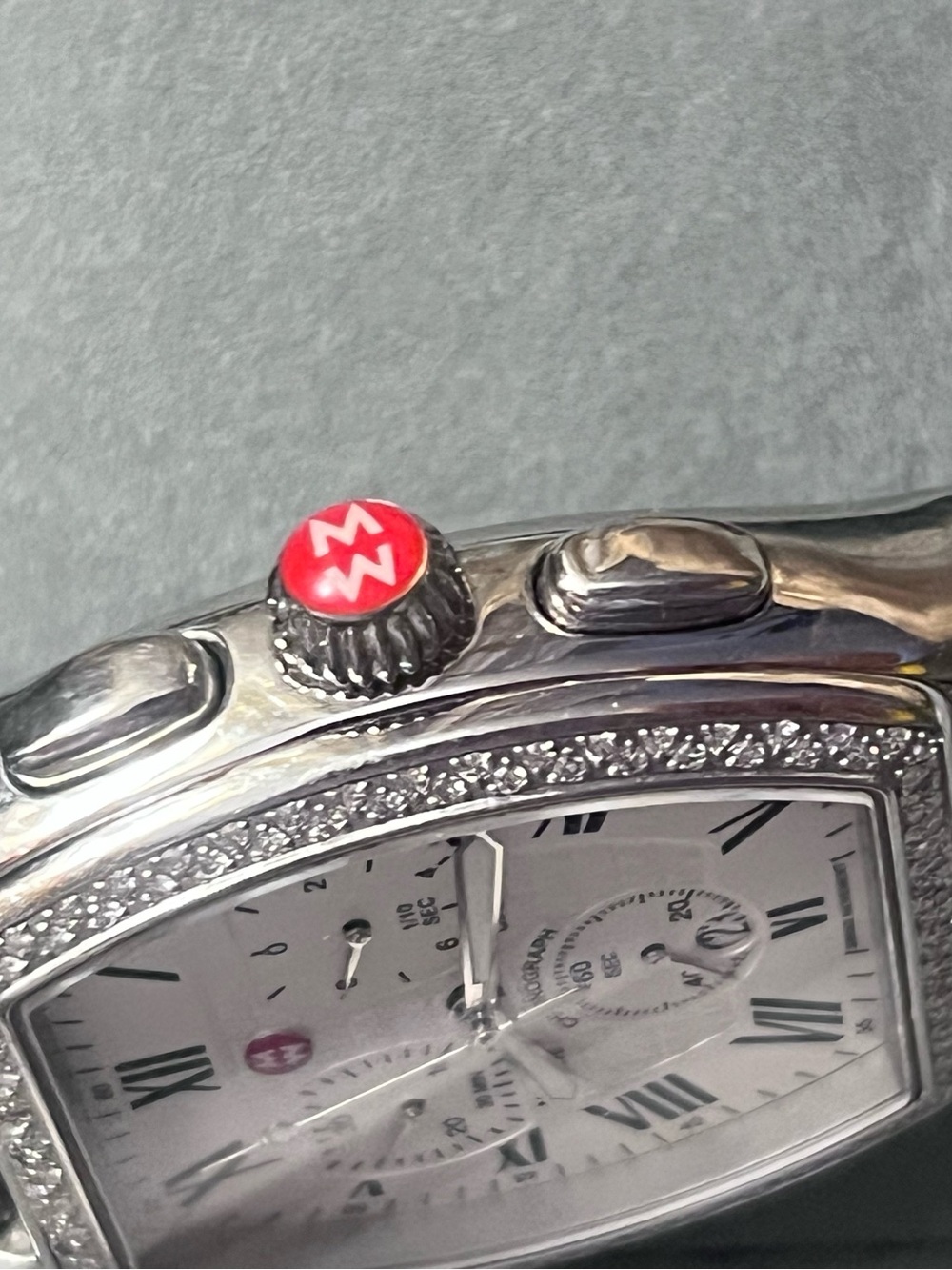 Michele Silver-Tone Watch with White Dial and Red Crown